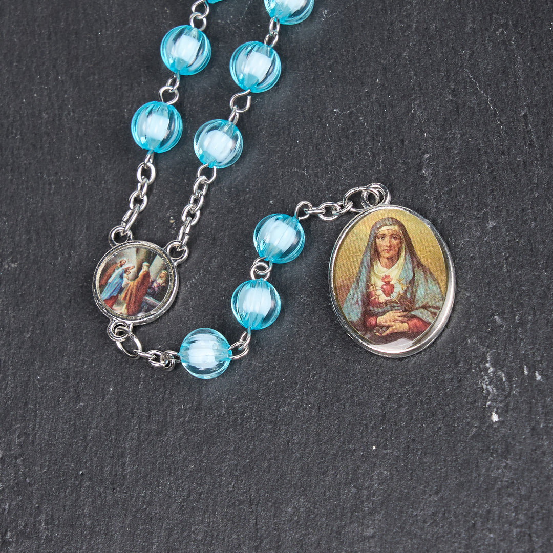 Christianartworkshop Seven Sorrow of 8 mm Round Blue Acrylic Alloy Chain Rosary