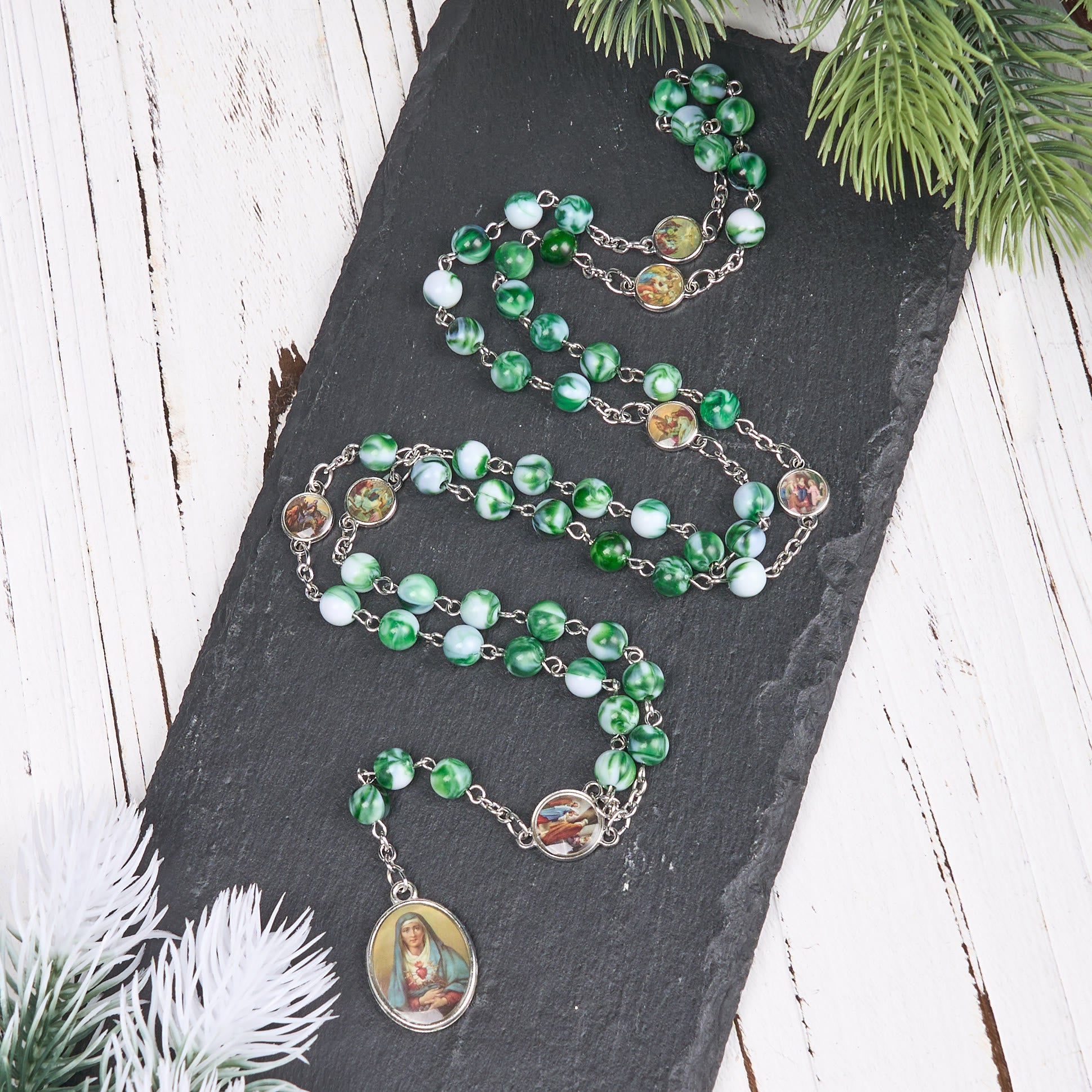 Christianartworkshop Seven Sorrows 8mm Blue/Green Acrylic Rosary