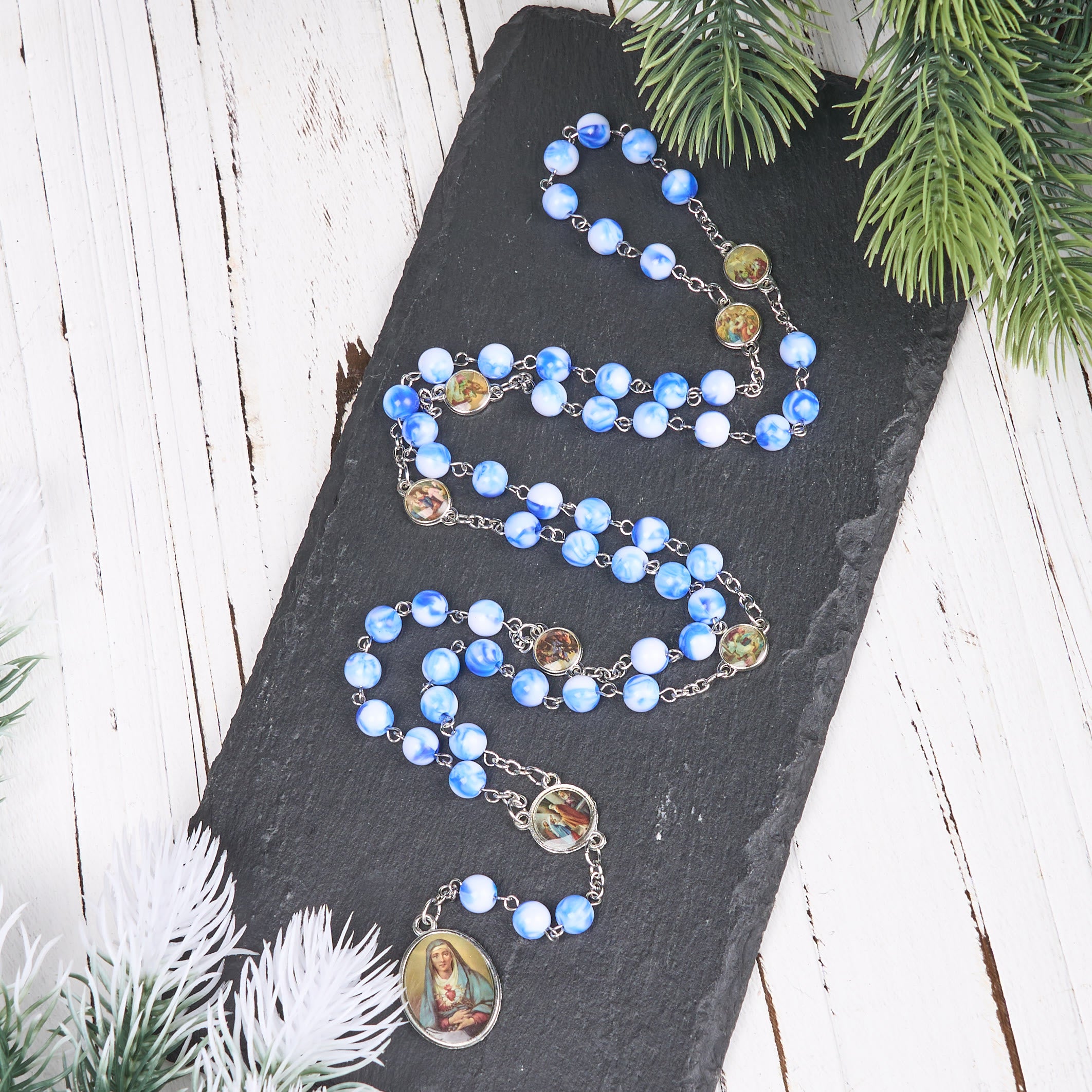 Christianartworkshop Seven Sorrows 8mm Blue/Green Acrylic Rosary
