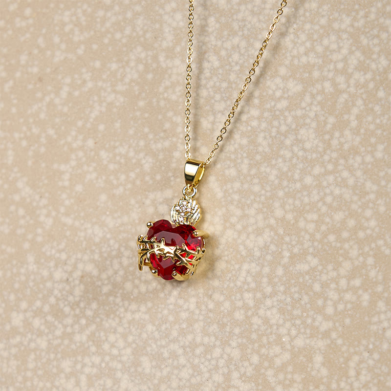 Christianartworkshop FAITH AS YOUR ARMOR: Red Gemstones Sacred Heart of Jesus Pendant Necklace