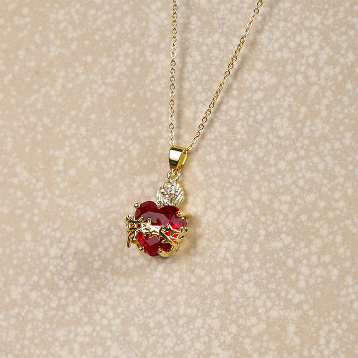 Christianartworkshop FAITH AS YOUR ARMOR: Red Gemstones Sacred Heart of Jesus Pendant Necklace