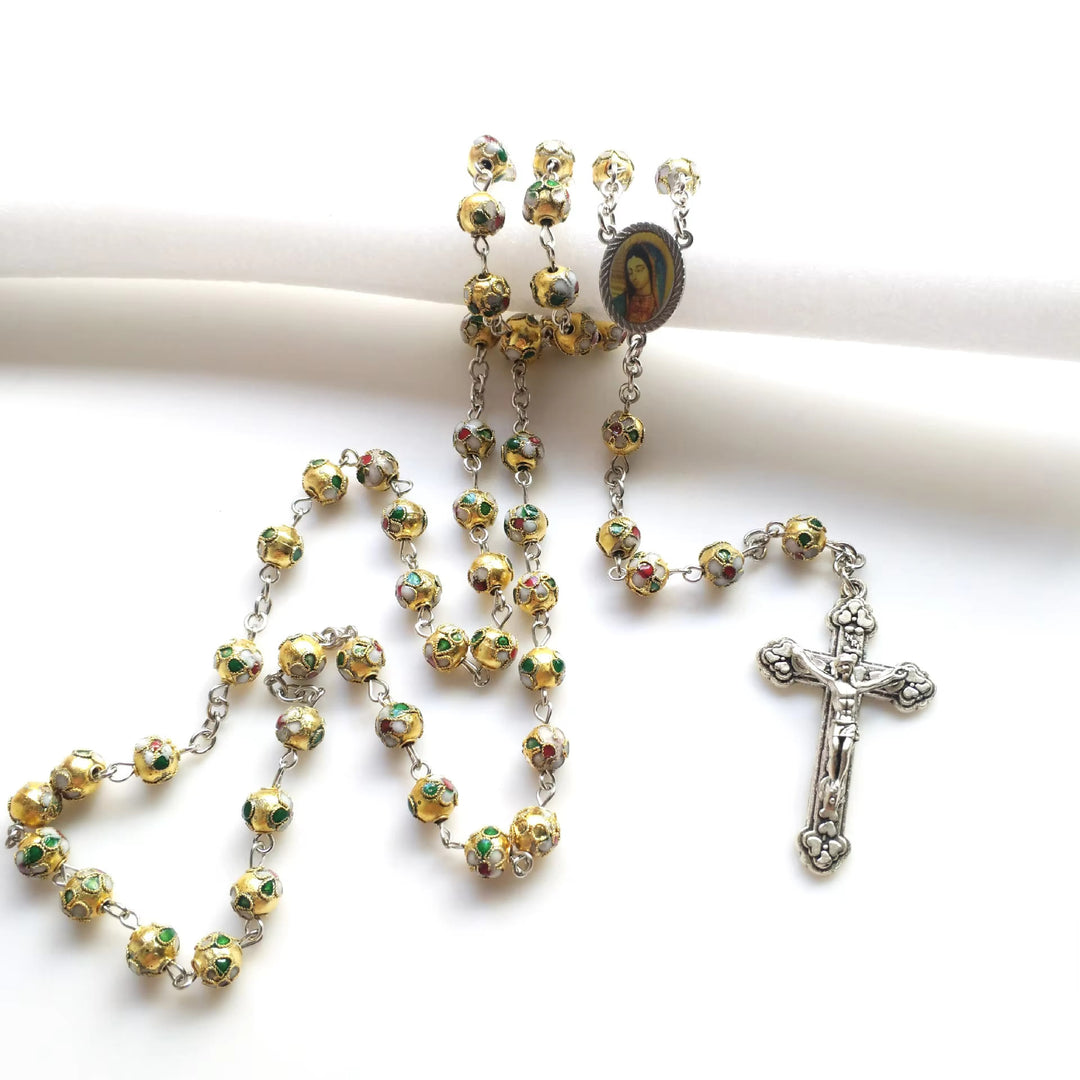 Christianartworkshop Our Lady of Guadalupe & Crucifix of 8 mm Round Yellow Cloisonne Alloy Chain Rosary