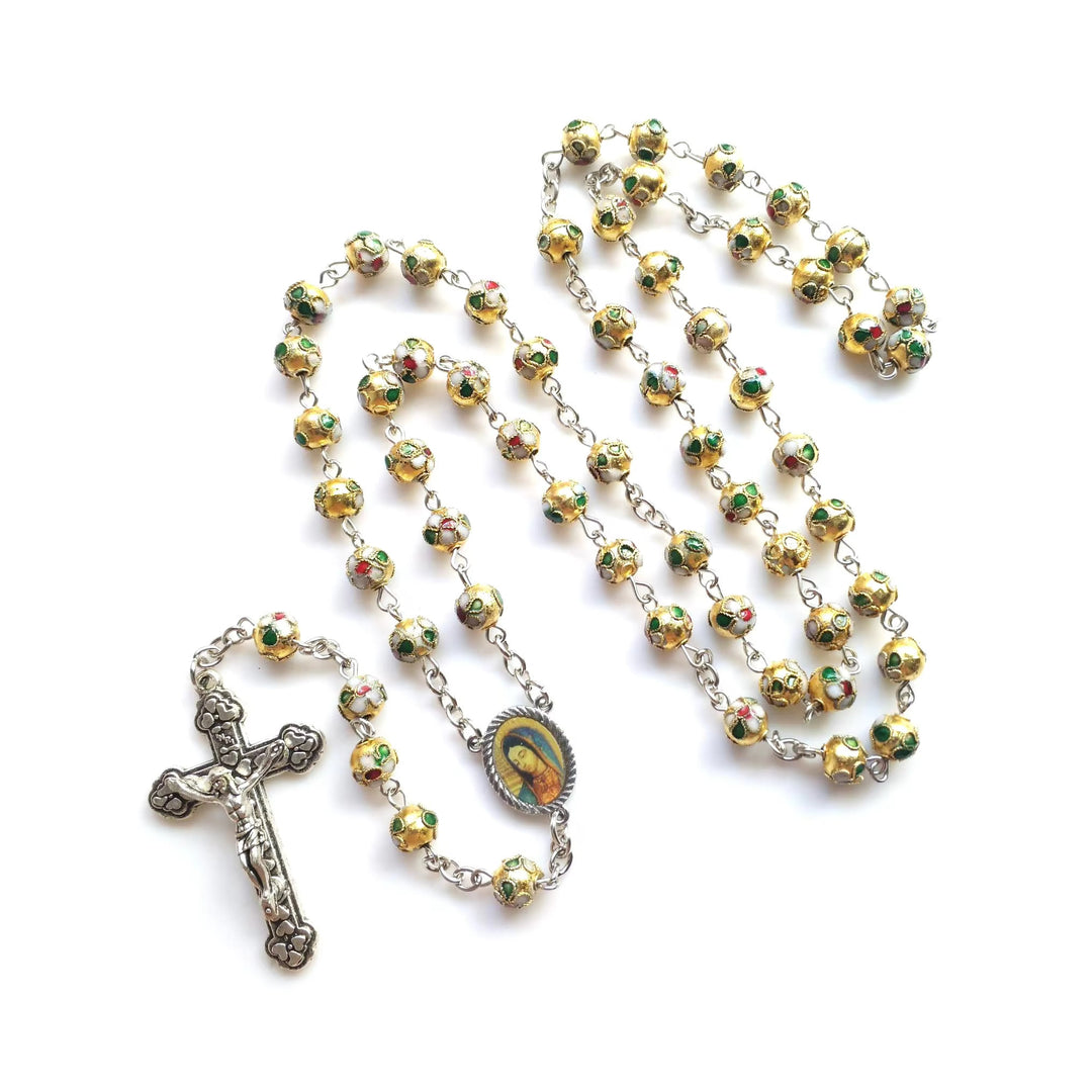 Christianartworkshop Our Lady of Guadalupe & Crucifix of 8 mm Round Yellow Cloisonne Alloy Chain Rosary