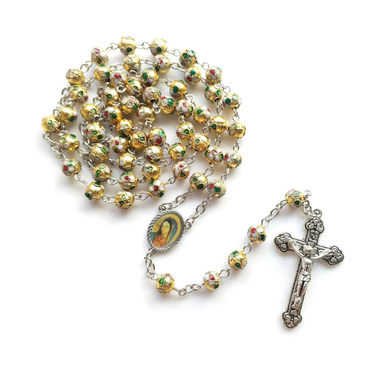 Christianartworkshop Our Lady of Guadalupe & Crucifix of 8 mm Round Yellow Cloisonne Alloy Chain Rosary