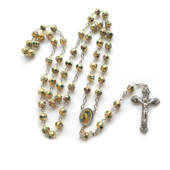 Christianartworkshop Our Lady of Guadalupe & Crucifix of 8 mm Round Yellow Cloisonne Alloy Chain Rosary