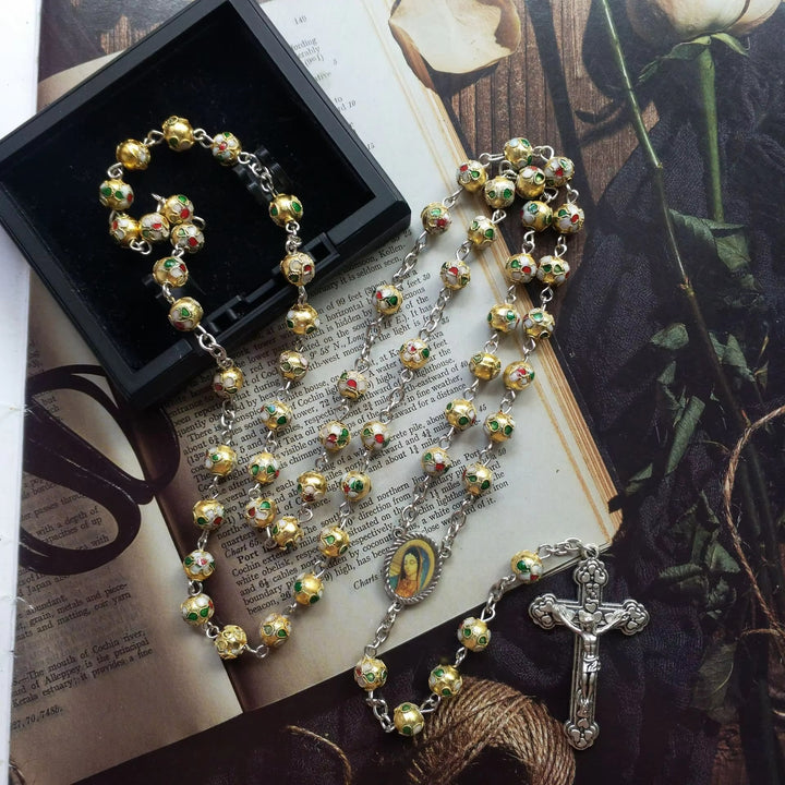 Christianartworkshop Our Lady of Guadalupe & Crucifix of 8 mm Round Yellow Cloisonne Alloy Chain Rosary