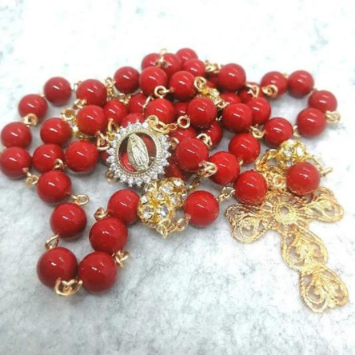 FREE Today: Our Lady of Guadalupe & Cross of 8 mm Round Red Glass Alloy Chain Rosary