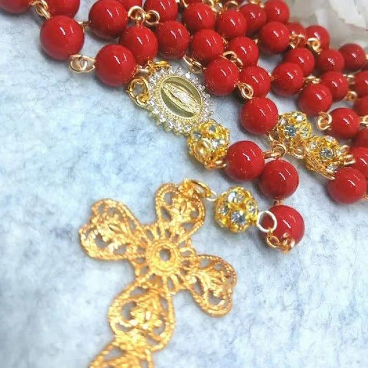 FREE Today: Our Lady of Guadalupe & Cross of 8 mm Round Red Glass Alloy Chain Rosary