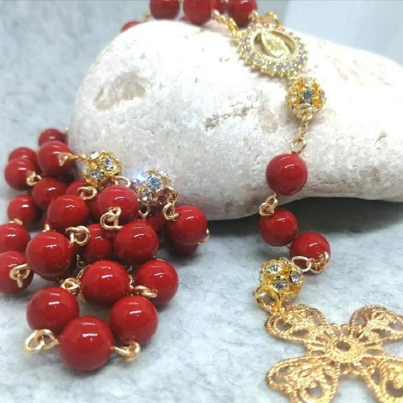 FREE Today: Our Lady of Guadalupe & Cross of 8 mm Round Red Glass Alloy Chain Rosary