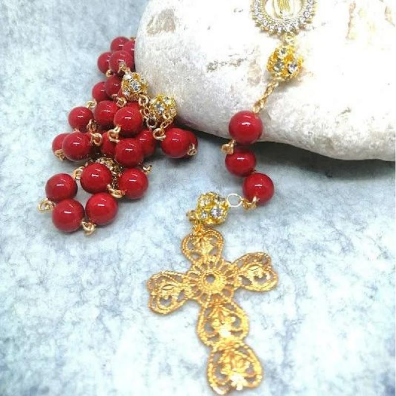 FREE Today: Our Lady of Guadalupe & Cross of 8 mm Round Red Glass Alloy Chain Rosary