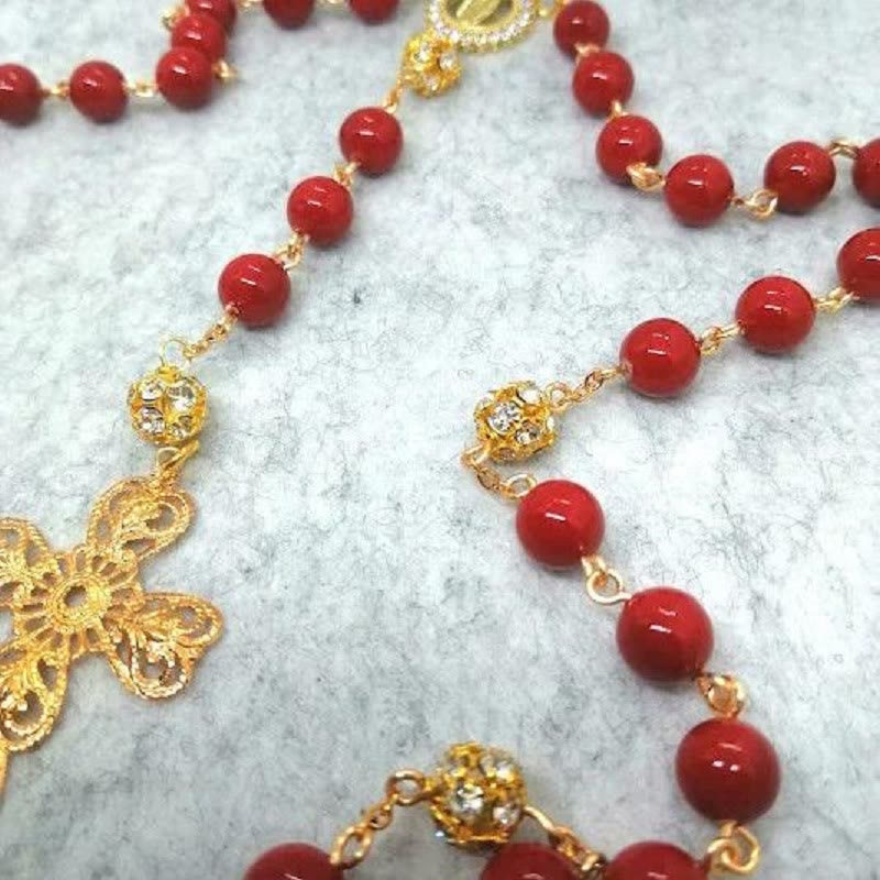 FREE Today: Our Lady of Guadalupe & Cross of 8 mm Round Red Glass Alloy Chain Rosary