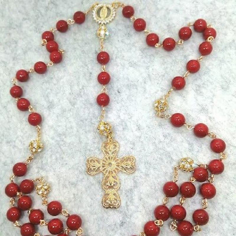 FREE Today: Our Lady of Guadalupe & Cross of 8 mm Round Red Glass Alloy Chain Rosary