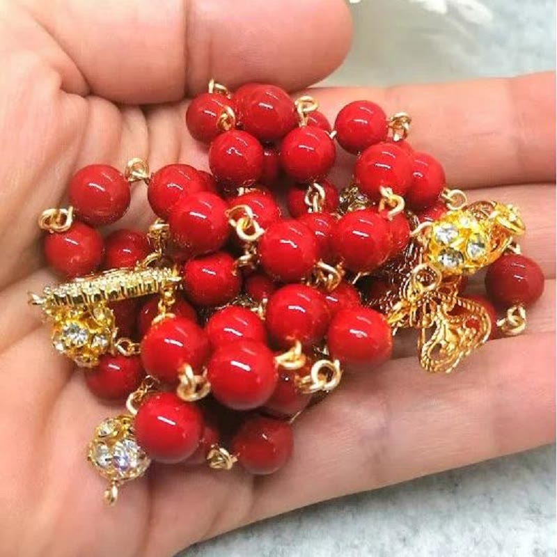 FREE Today: Our Lady of Guadalupe & Cross of 8 mm Round Red Glass Alloy Chain Rosary