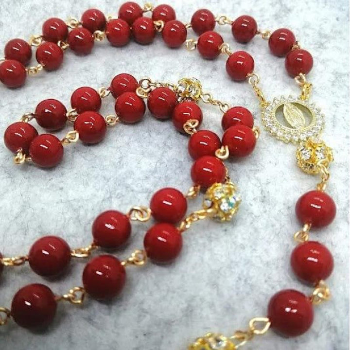 FREE Today: Our Lady of Guadalupe & Cross of 8 mm Round Red Glass Alloy Chain Rosary