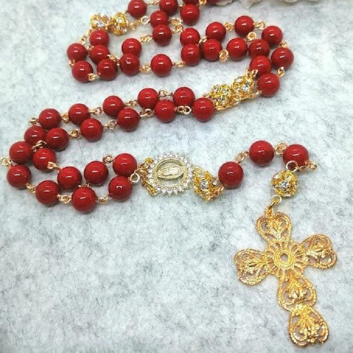 FREE Today: Our Lady of Guadalupe & Cross of 8 mm Round Red Glass Alloy Chain Rosary