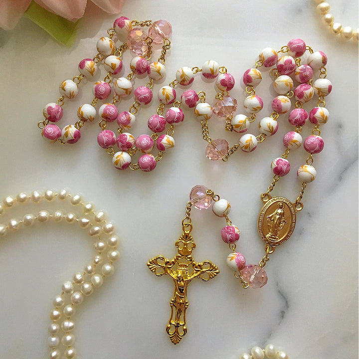 FREE Today: Miraculous Medal & Crucifix of 8 mm Round Floral Pink Ceramic Alloy Chain Rosary