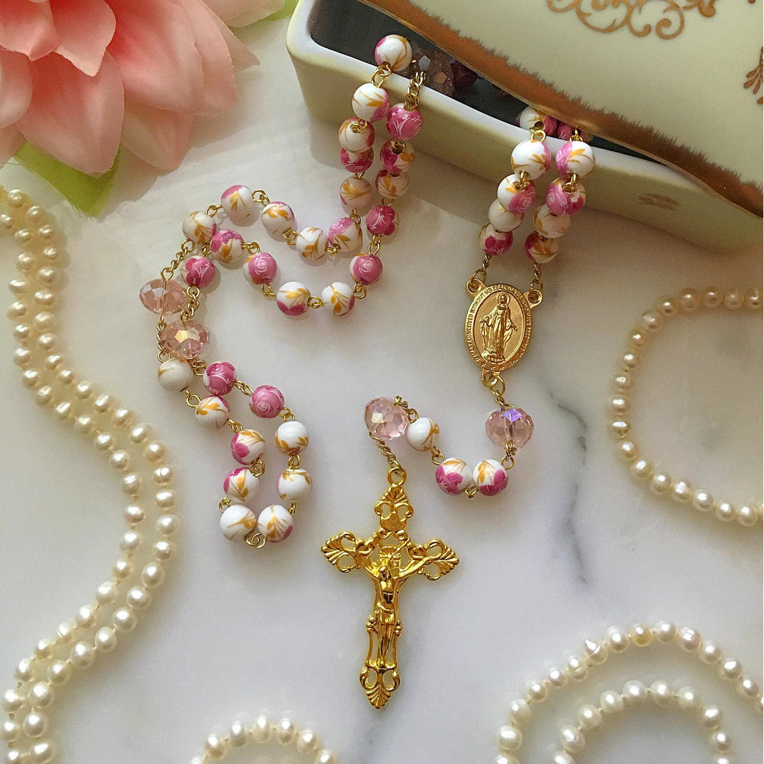 FREE Today: Miraculous Medal & Crucifix of 8 mm Round Floral Pink Ceramic Alloy Chain Rosary