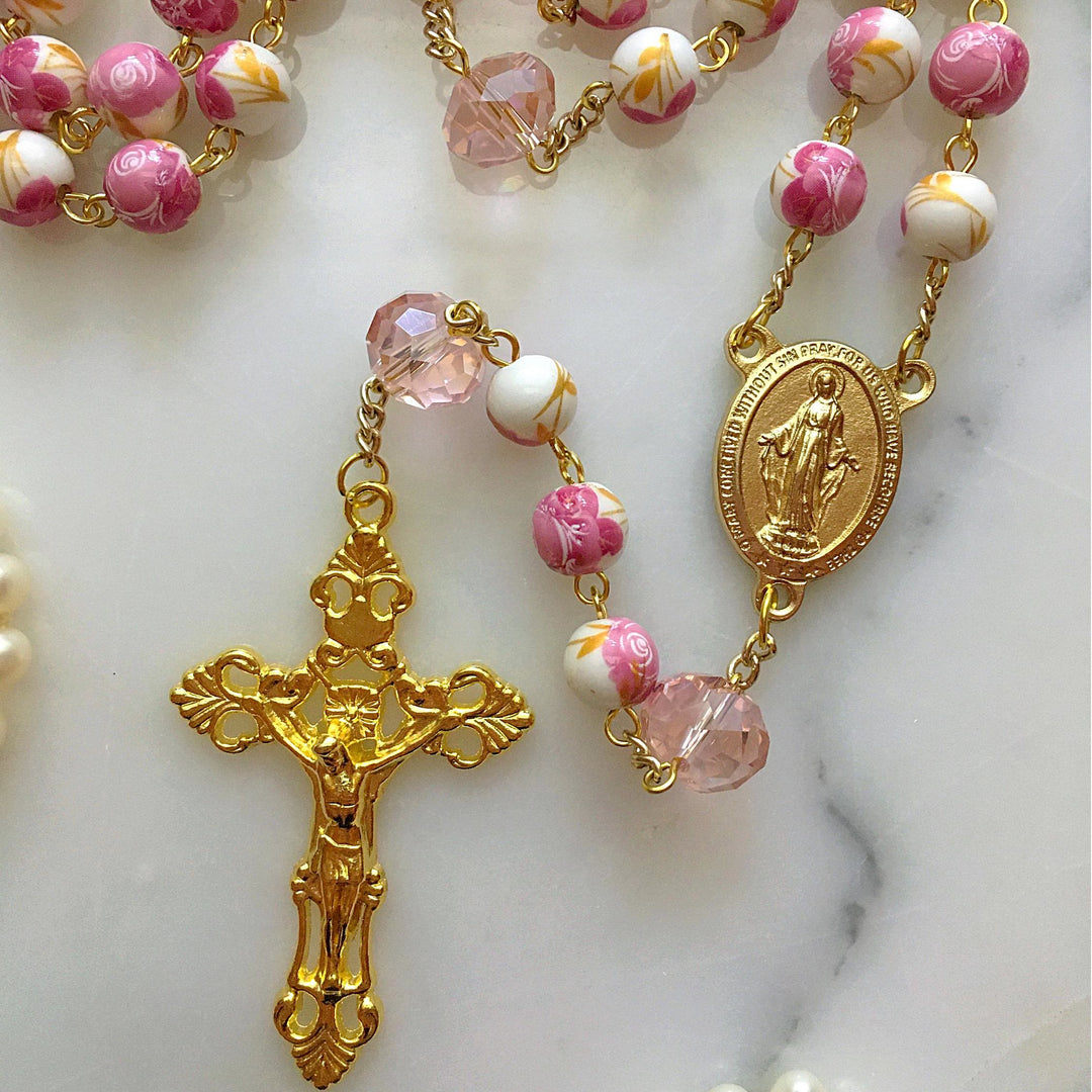 Miraculous Medal & Crucifix of 8 mm Round Floral Pink Ceramic Alloy Chain Rosary