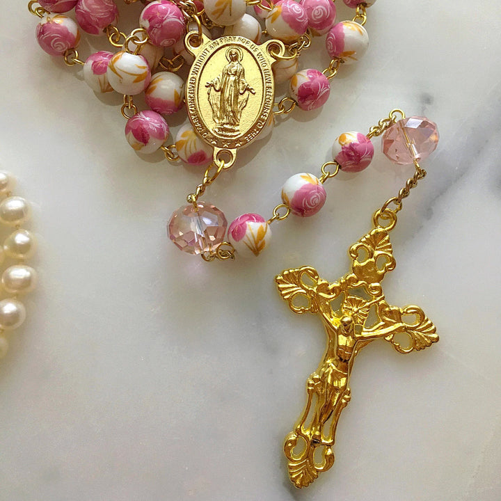 Miraculous Medal & Crucifix of 8 mm Round Floral Pink Ceramic Alloy Chain Rosary