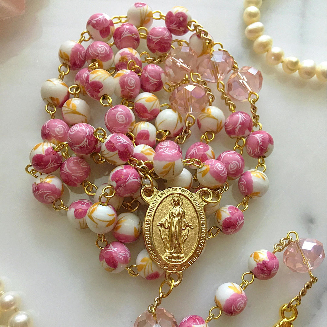 Miraculous Medal & Crucifix of 8 mm Round Floral Pink Ceramic Alloy Chain Rosary