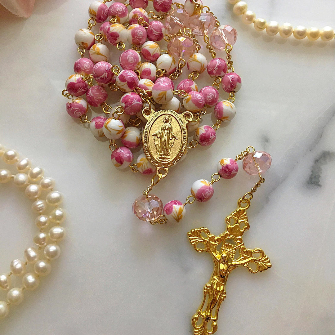 FREE Today: Miraculous Medal & Crucifix of 8 mm Round Floral Pink Ceramic Alloy Chain Rosary