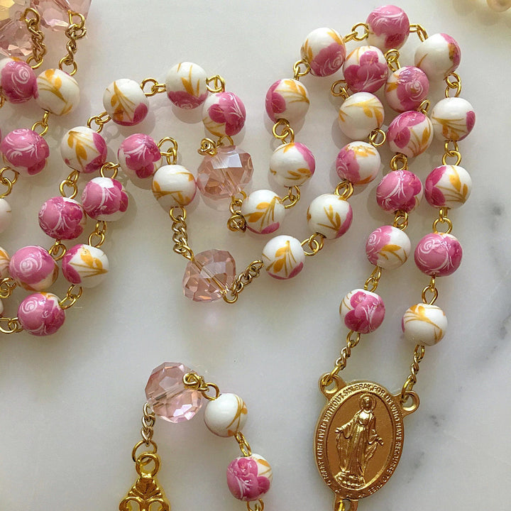 Miraculous Medal & Crucifix of 8 mm Round Floral Pink Ceramic Alloy Chain Rosary