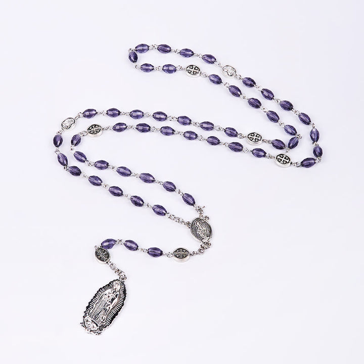 Christianartworkshop Miraculous Medal & Our Lady of Guadalupe of 6*8mm Oval Purple Crystal Alloy Chain Rosary