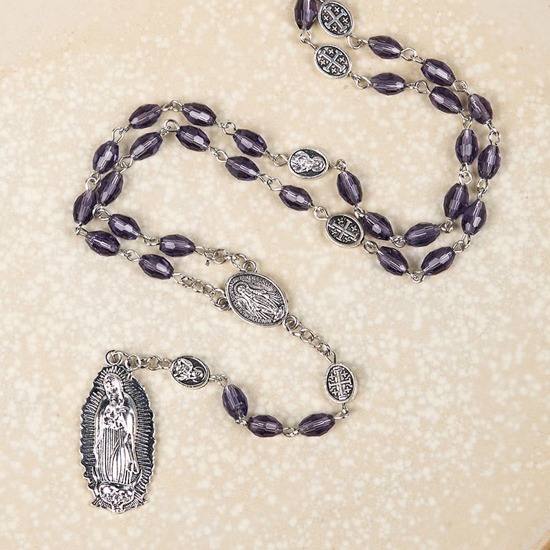 Christianartworkshop Miraculous Medal & Our Lady of Guadalupe of 6*8mm Oval Purple Crystal Alloy Chain Rosary