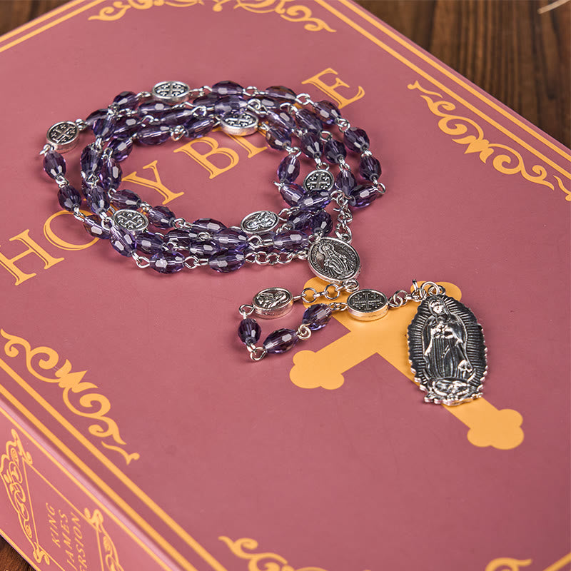 Christianartworkshop Miraculous Medal & Our Lady of Guadalupe of 6*8mm Oval Purple Crystal Alloy Chain Rosary