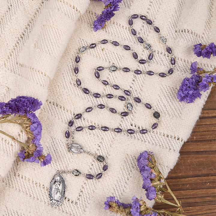 Christianartworkshop Miraculous Medal & Our Lady of Guadalupe of 6*8mm Oval Purple Crystal Alloy Chain Rosary