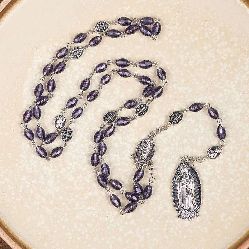 Christianartworkshop Miraculous Medal & Our Lady of Guadalupe of 6*8mm Oval Purple Crystal Alloy Chain Rosary