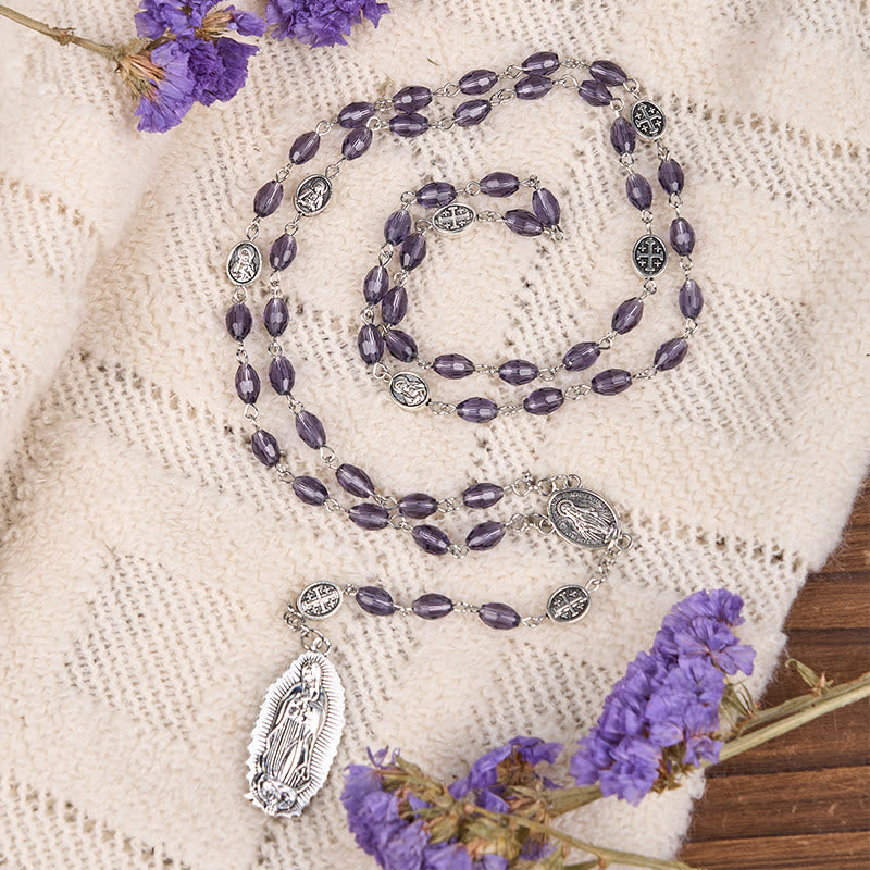 FREE Today: Miraculous Medal & Our Lady of Guadalupe of 6*8mm Oval Purple Crystal Alloy Chain Rosary