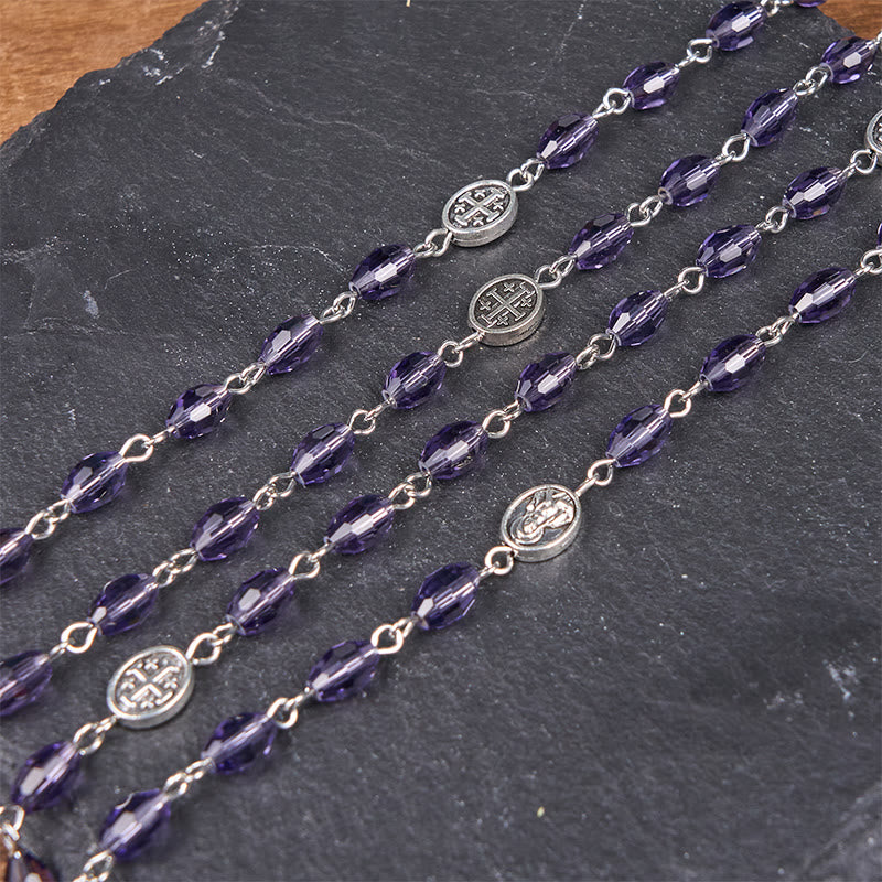 Christianartworkshop Miraculous Medal & Our Lady of Guadalupe of 6*8mm Oval Purple Crystal Alloy Chain Rosary