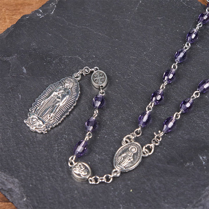 FREE Today: Miraculous Medal & Our Lady of Guadalupe of 6*8mm Oval Purple Crystal Alloy Chain Rosary