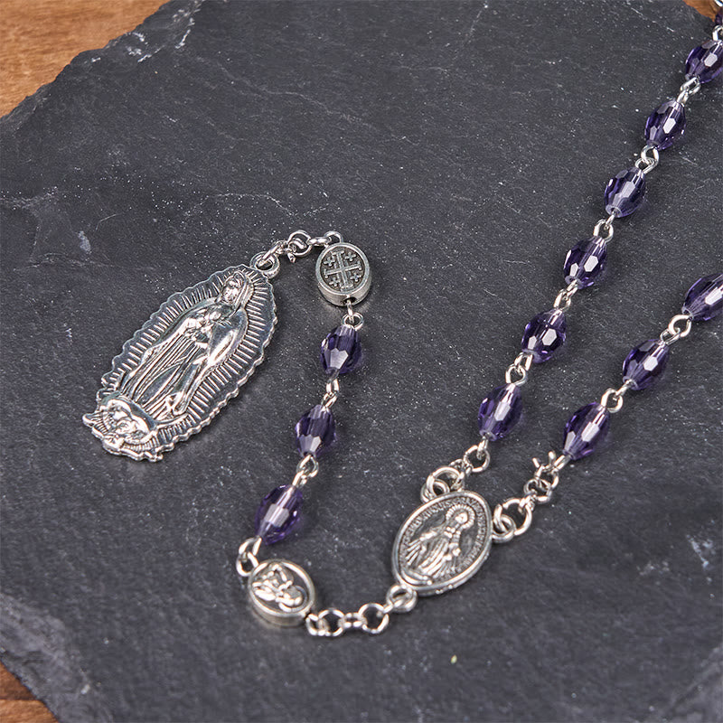 Christianartworkshop Miraculous Medal & Our Lady of Guadalupe of 6*8mm Oval Purple Crystal Alloy Chain Rosary