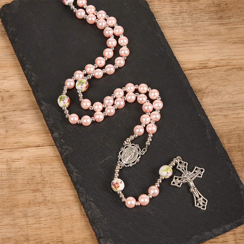 FREE Today: Miraculous Medal & Crucifix of 10mm Round Multicolor Pearl/Ceramics Rosary