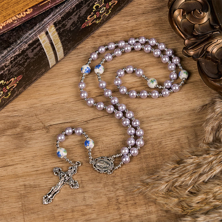 FREE Today: Miraculous Medal & Crucifix of 10mm Round Multicolor Pearl/Ceramics Rosary