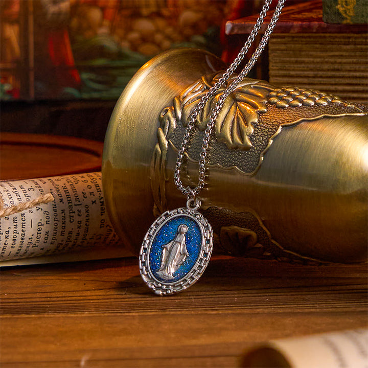 Christianartworkshop Classic Style Crafted Holy Miraculous Medal Enamel Relief Pendant Necklace