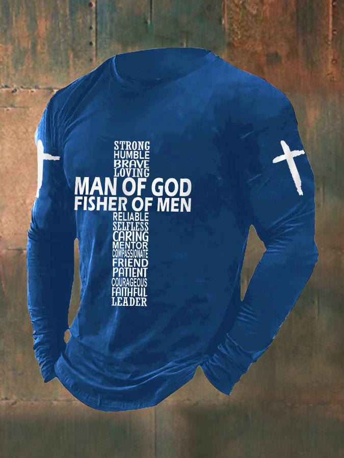 Christianartworkshop Men's Man Of God Fisher Of Men Cross Faith Casual Long-Sleeve T-Shirt