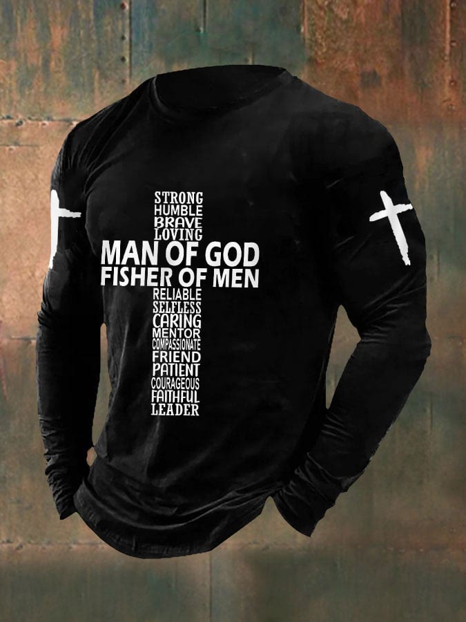 Christianartworkshop Men's Man Of God Fisher Of Men Cross Faith Casual Long-Sleeve T-Shirt