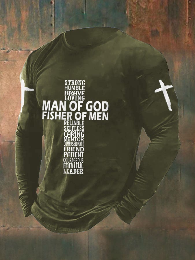 Christianartworkshop Men's Man Of God Fisher Of Men Cross Faith Casual Long-Sleeve T-Shirt