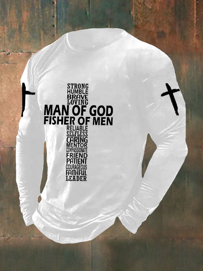 Christianartworkshop Men's Man Of God Fisher Of Men Cross Faith Casual Long-Sleeve T-Shirt