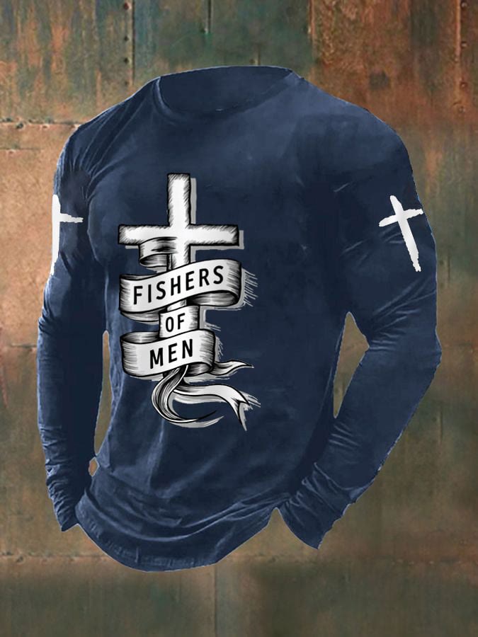 Christianartworkshop Men's Man Of God Fisher Of Men Matthew 4:19 Cross Faith Casual Long-Sleeve T-Shirt