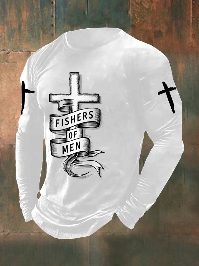 Christianartworkshop Men's Man Of God Fisher Of Men Matthew 4:19 Cross Faith Casual Long-Sleeve T-Shirt