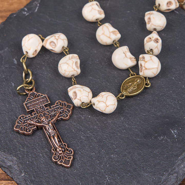 Christianartworkshop Saint Benedict & Crucifix of 8 mm White Pine Skull Alloy Chain Rosary Necklace