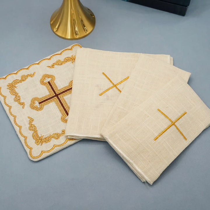 Christianartworkshop Classic Style Golden Cross Embroidered  Elegant Religious Altar Linen Set