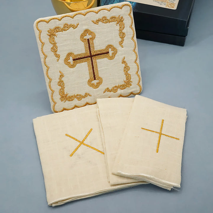 Christianartworkshop Classic Style Golden Cross Embroidered  Elegant Religious Altar Linen Set