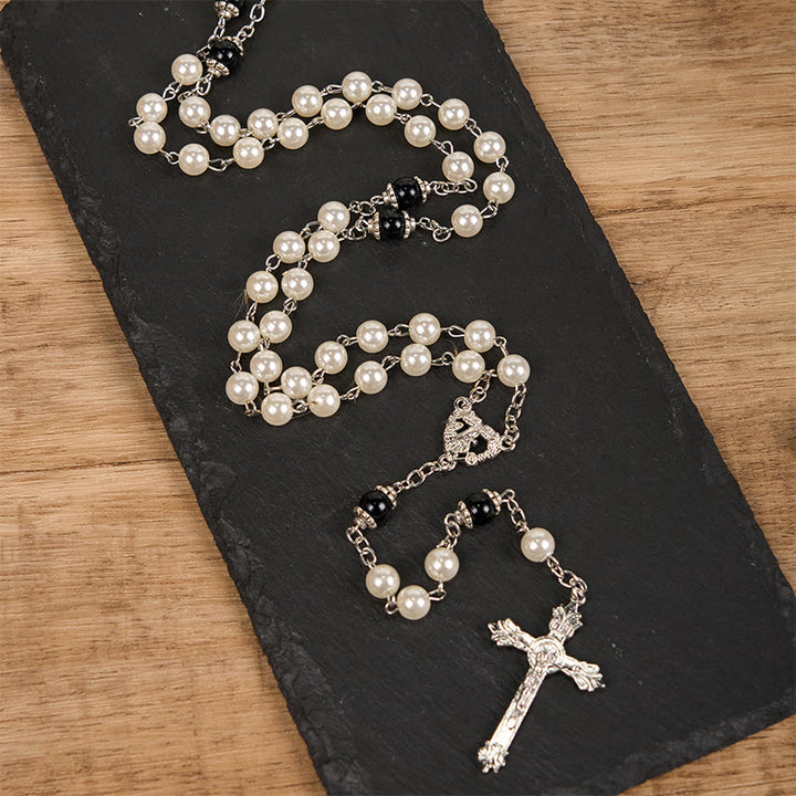 Christianartworkshop Immaculate Heart of Mary & Crucifix of 8 mm Round White Acrylic Alloy Chain Rosary