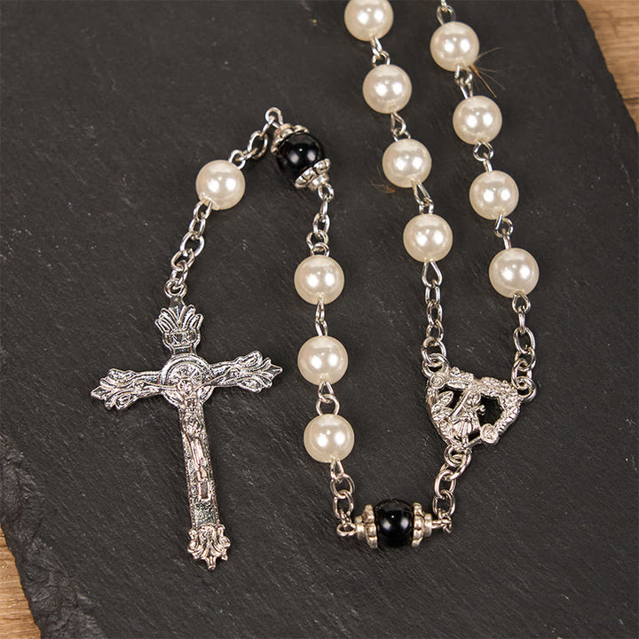 Christianartworkshop Immaculate Heart of Mary & Crucifix of 8 mm Round White Acrylic Alloy Chain Rosary