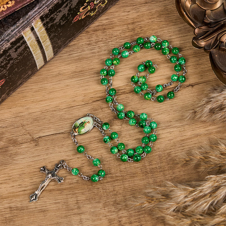 Christianartworkshop St. Jude & Crucifix of 8 mm Round Green Glass Alloy Chain Rosary